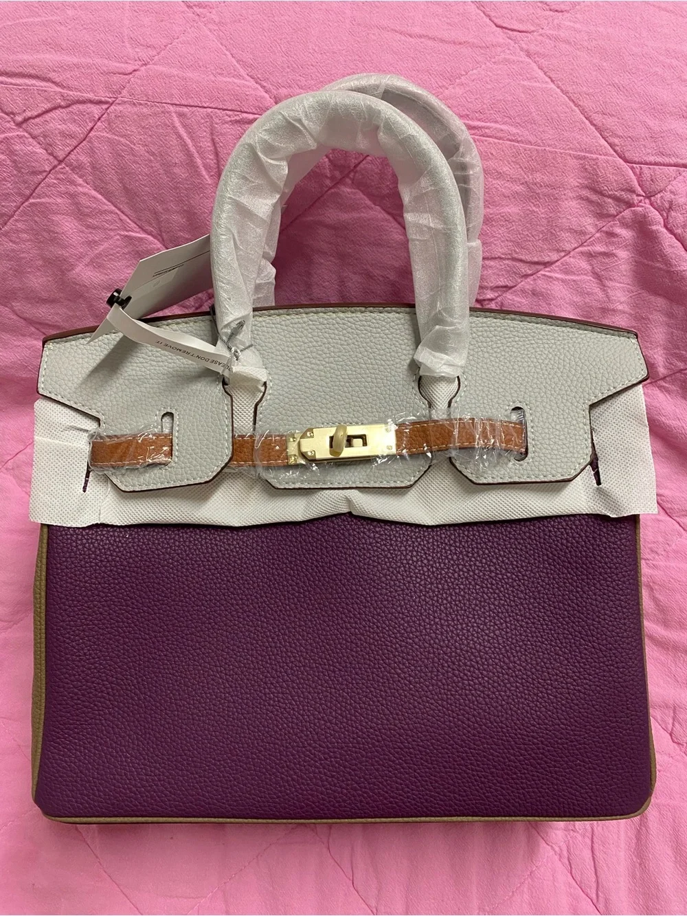 Women's Tri-Color Leather Tote Bag - Purple, White & Brown